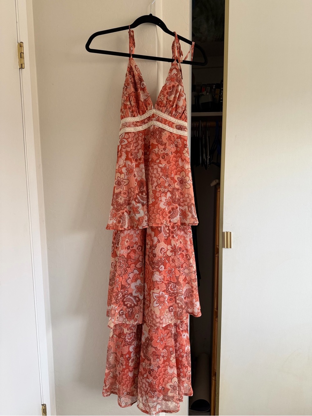 Vici Coral-Pink Floral Tie-Shoulder Tiered Maxi Dress
